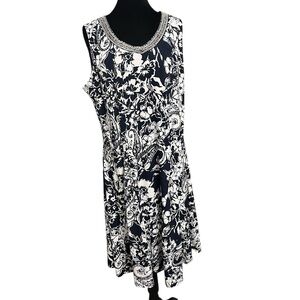 JM Collection Beaded Navy & White Floral Dress - Plus 0X